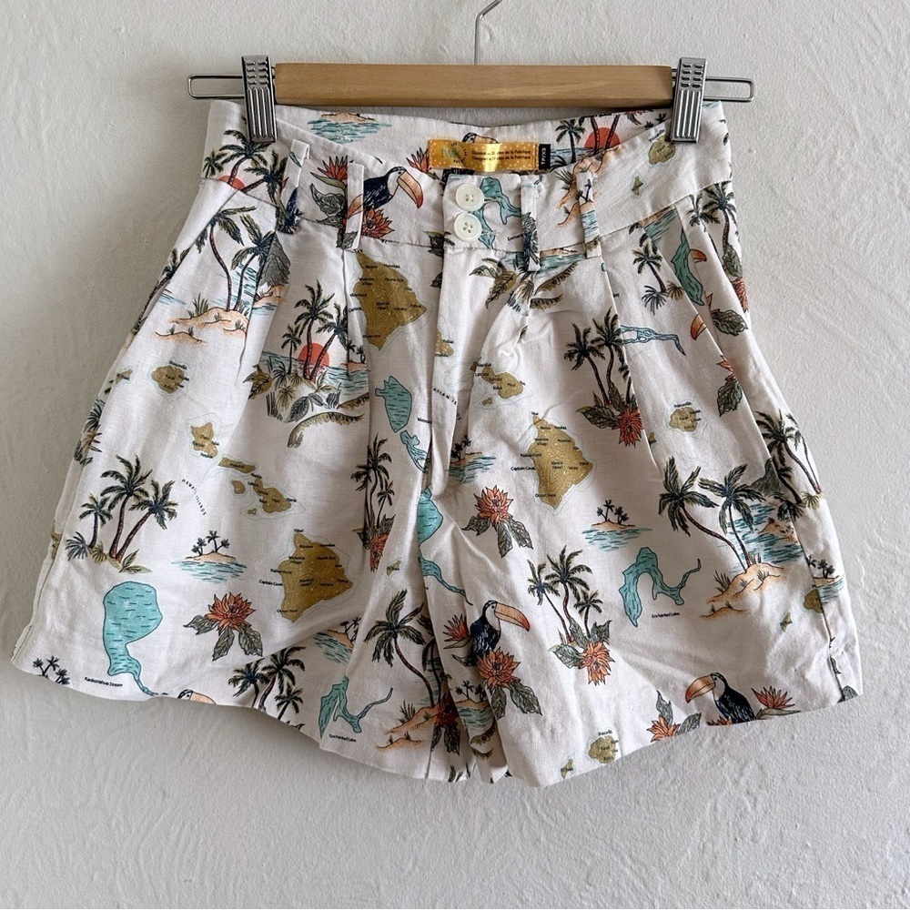 ⚡️10$ sale⚡️ Twik High Waist Beach Tropical Hawaiian Print Pleated Linen Shorts